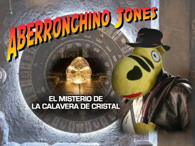 Aberronchino caracterizado como un explorador junto a una calavera de cristal