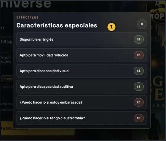 Panel de características especiales de una sala: disponible en inglés, apto para movilidad reducida, discapacidad visual y auditiva, embarazo y claustrofobia, cada uno con su respuesta sí o no.