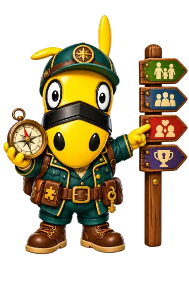 Aberronchino con brújula señalando rutas para elegir un escape room